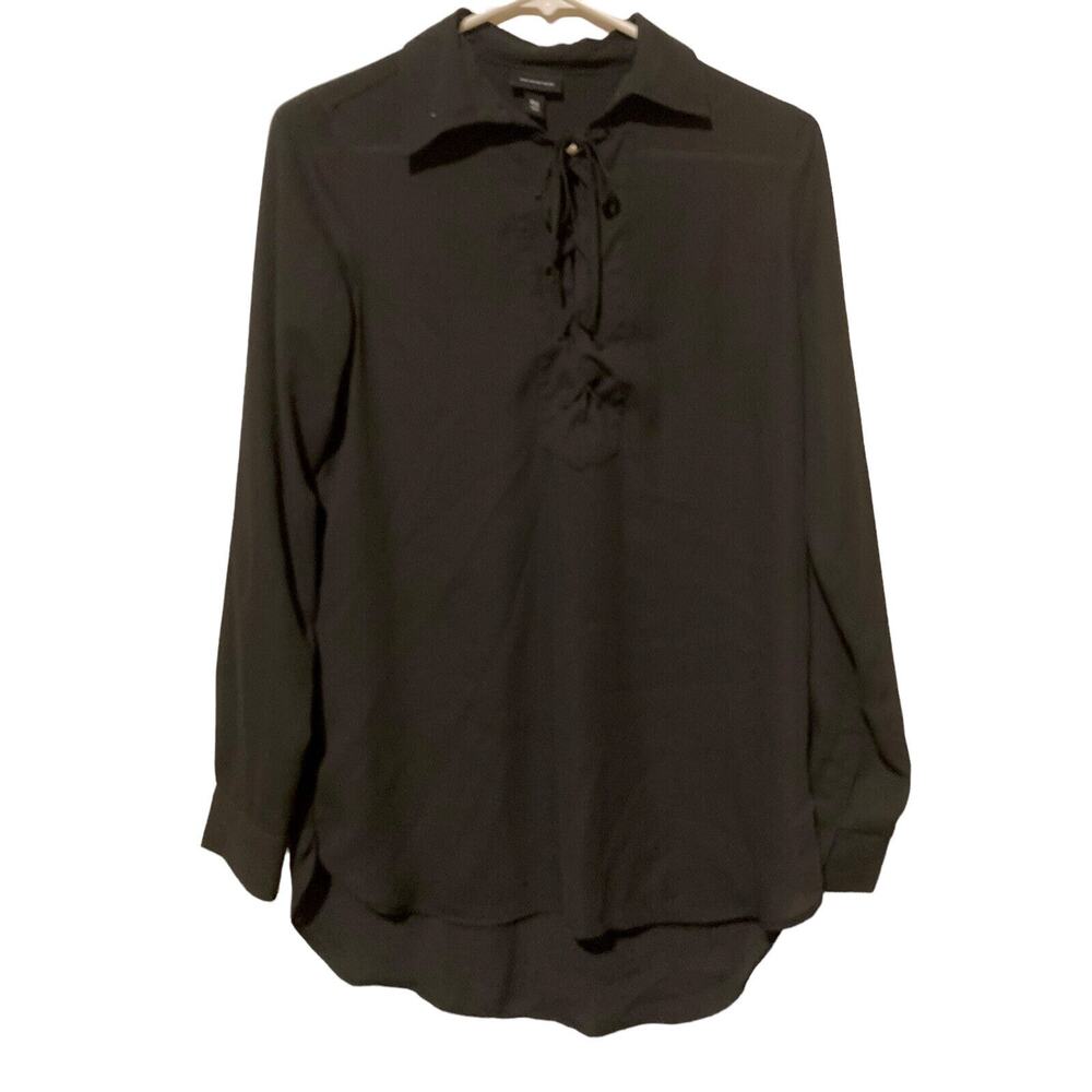 Who What Wear Lace Up Shirt Blouse Top Womens Sz XS Black Semi Sheer Long Sleeve